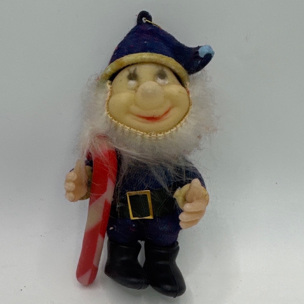 Vintage Christmas Elf Ornament Blue Felt Candy Cane Hong Kong Mid Century 4 Inch
